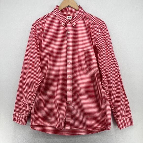 UNIQLO Shirt Mens L Gingham Check Button Up Long Sleeve Woven Cotton Red - Picture 2 of 15